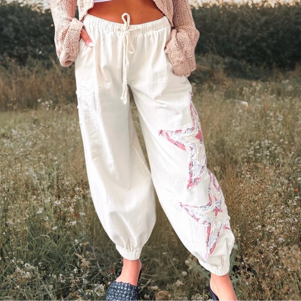 POL Star Patchwork Ivory Joggers | Embroidered Elastic Waist Pants - Picture 10 of 11